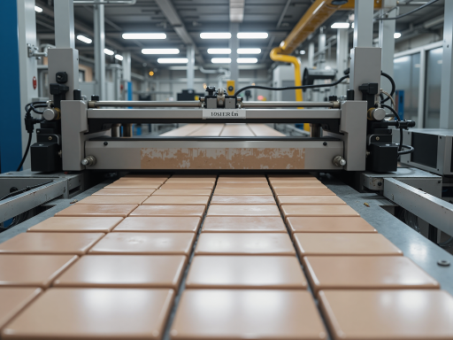 Modern industrial building exterior view of tile manufacturing facility with clean architecture and professional signage